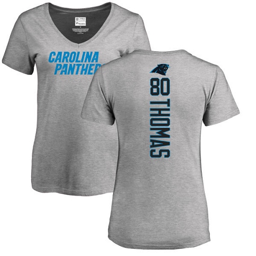 Carolina Panthers Ash Women Ian Thomas Backer V-Neck NFL Football 80 T Shirt